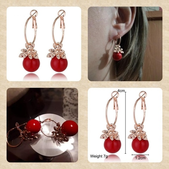 Red Bead & Crystal Dangle Earrings. - Picture 2 of 2